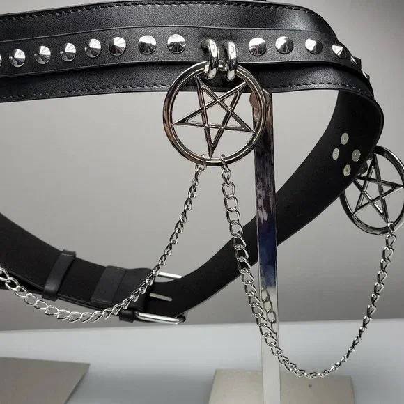 Killstar Curses Chain Belt Black Vegan Leather Silver Pentagram Chains Rock Stud - Picture 3 of 5